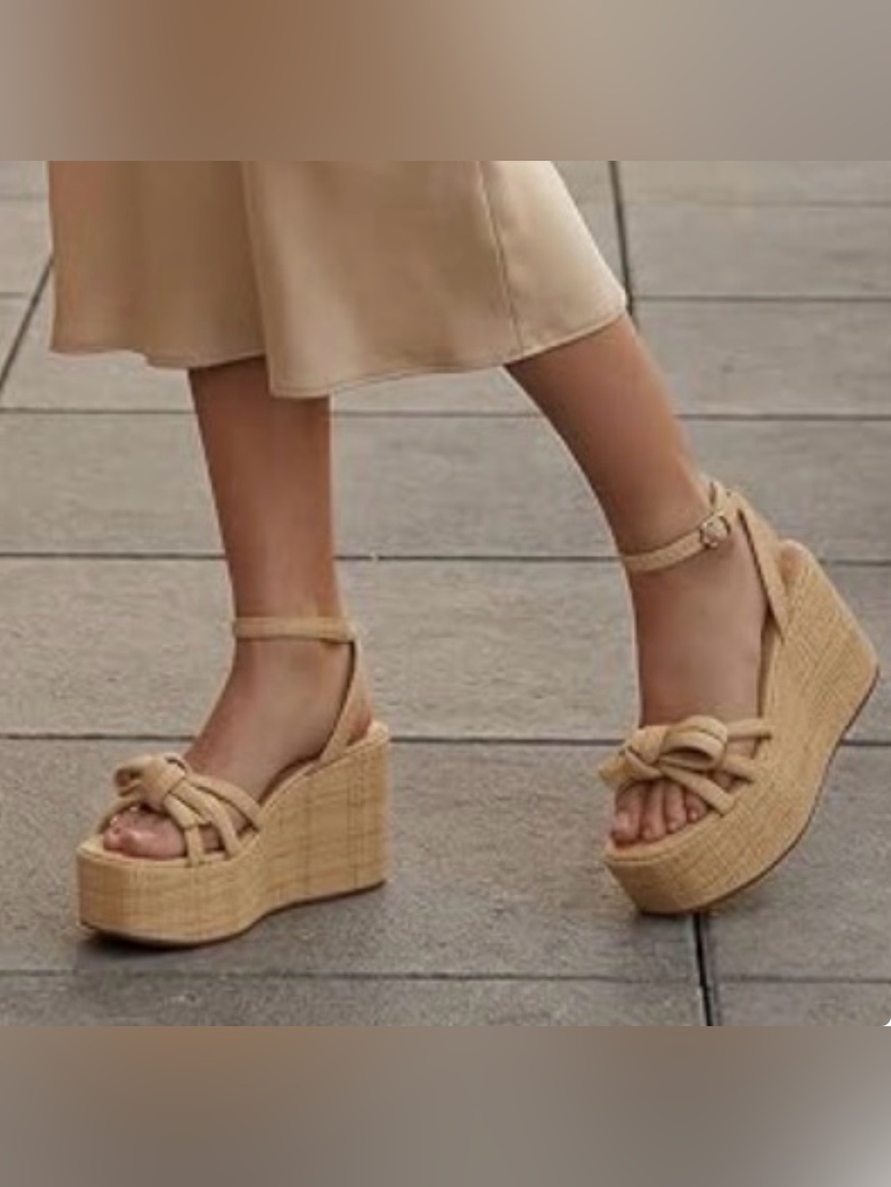 Neutral Champagne Platform Wedge Sandals — Women